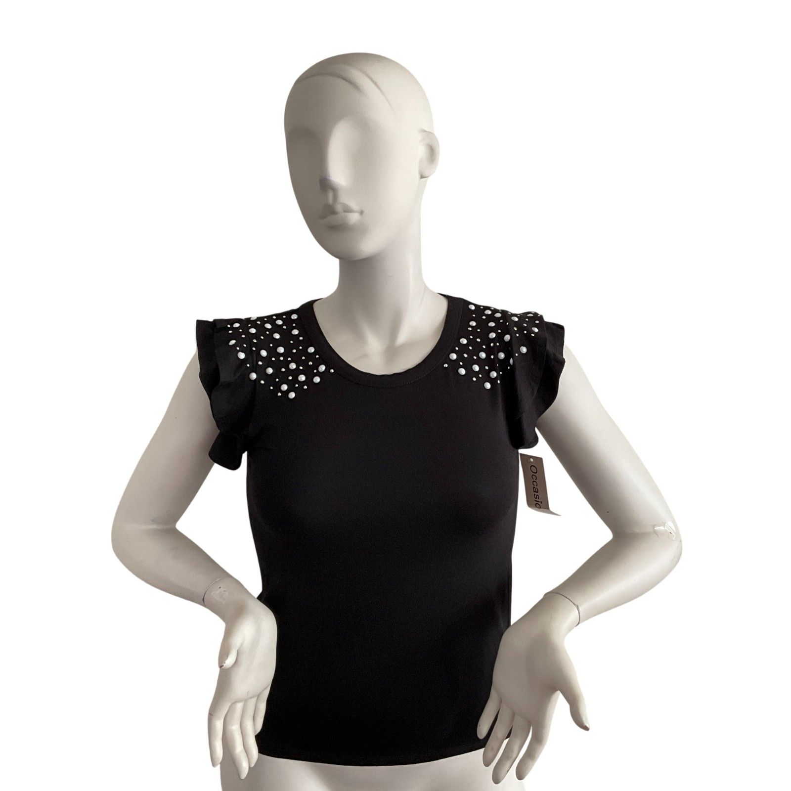Occasion Embellished Cap Sleeve Tee Black S — image 2 of 8